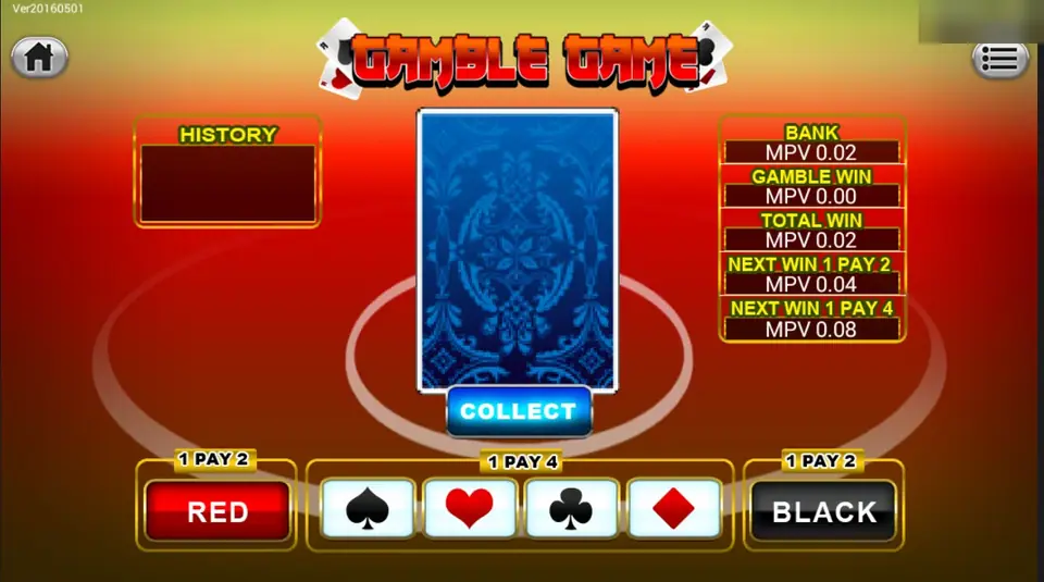 Mermaid gamble screen with RED, BLACK and four suit buttons, bank MPV 0.02