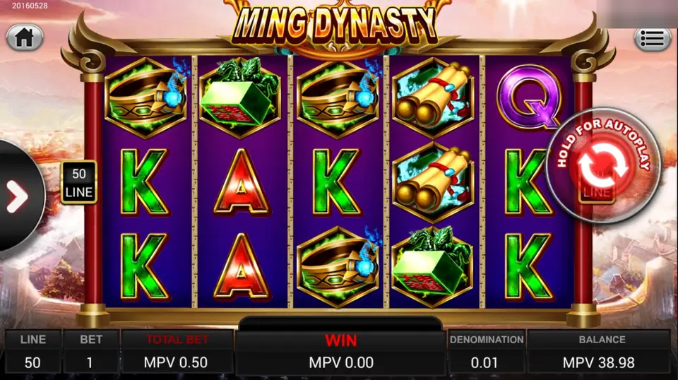 Ming Dynasty on Sky777 with jade bracelets, a jade seal and scrolls between green K and red A symbols, 50 lines at MPV 0.50