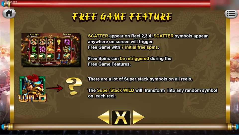Free Game Feature help: 7 initial free spins, retriggers and the Super Stack Wild