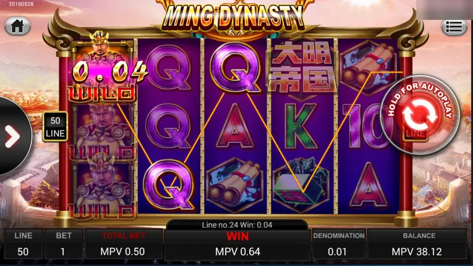 Stacked wild generals on reel 1 and a line 24 win of MPV 0.04 with two Q symbols, total win MPV 0.64
