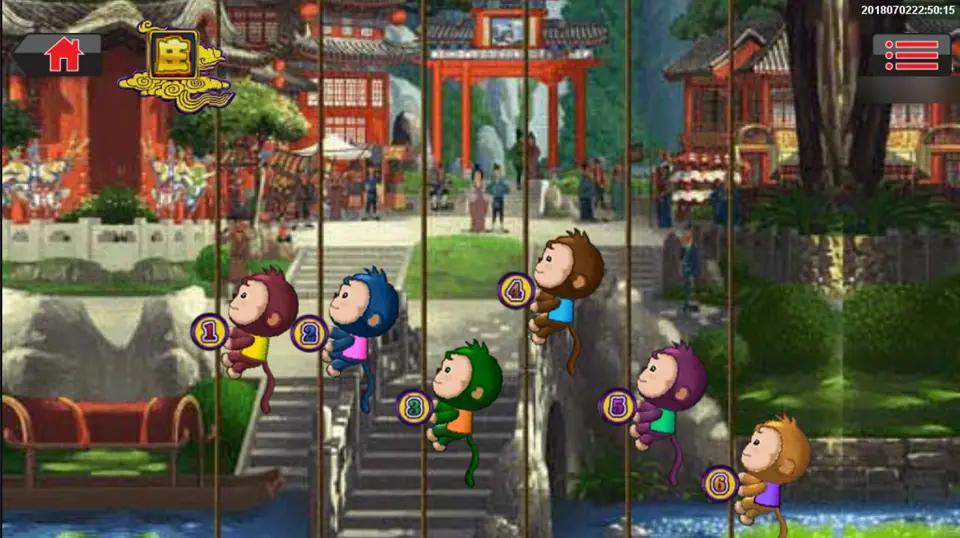 Six numbered monkeys climbing ropes in a temple courtyard during a race