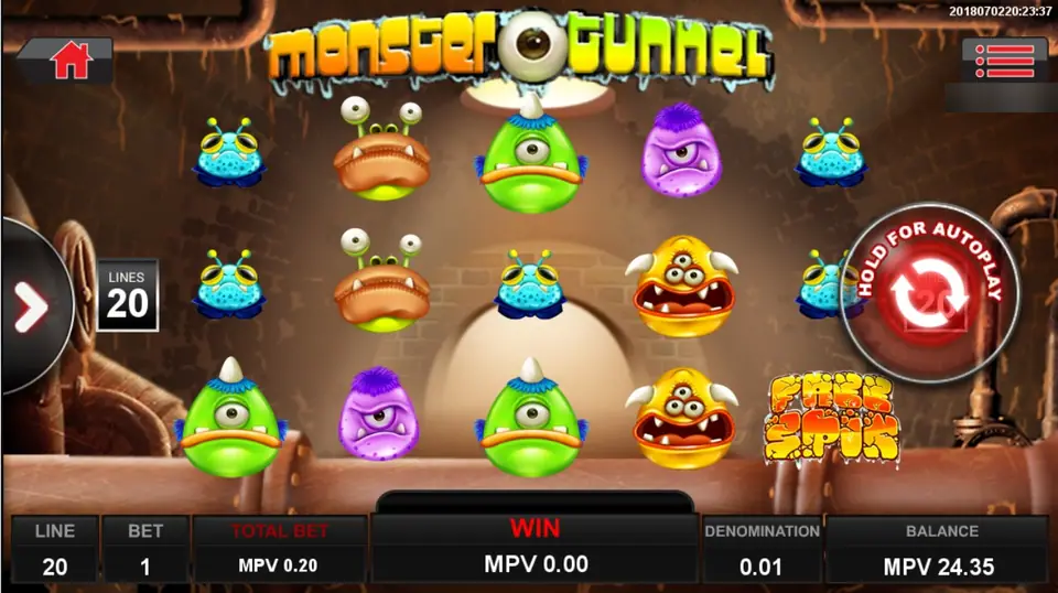 Monster Tunnel on Sky777: cartoon blob monsters over a sewer tunnel with a Free Spin scatter on reel 5, 20 lines at MPV 0.20