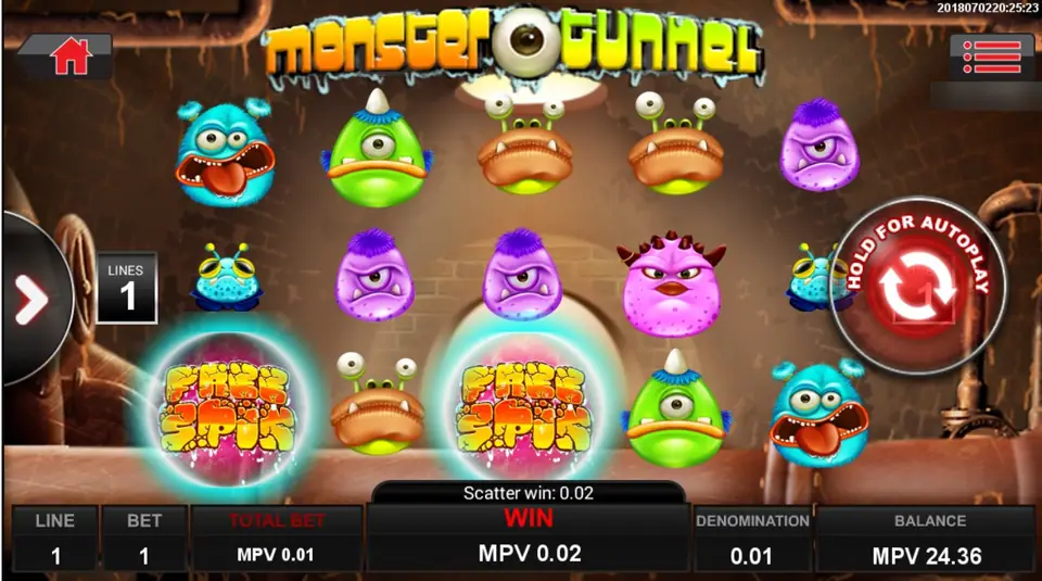 Two Free Spin scatters on reels 1 and 3 for a scatter win of MPV 0.02 on 1 line