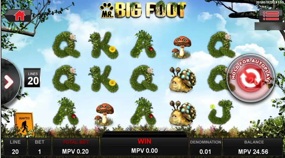 Mr Big Foot on Sky777 with moss-covered card letters, mushrooms and snails under a blue sky, 20 lines at MPV 0.20