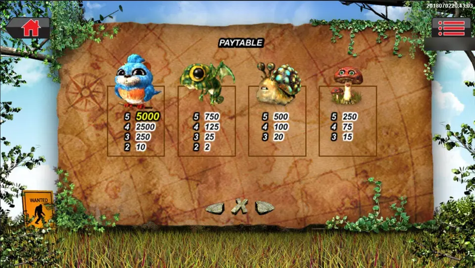 Mr Big Foot paytable: blue bird, one-eyed frog, snail and mushroom