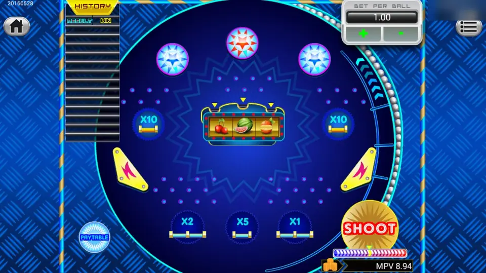 Pinball Fortune on Sky777: a round blue table with three bumpers, a cherry, watermelon and orange reel, pockets x10, x2, x5 and x1, bet per ball 1.00