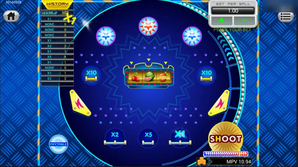 Pinball Fortune after a ball in the x1 pocket, with a history of recent results from NONE to x5