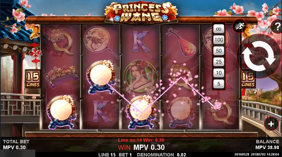 Princess Wang on Sky777: three round mirrors on line 14 pay MPV 0.30 as blossom petals drift across the reels