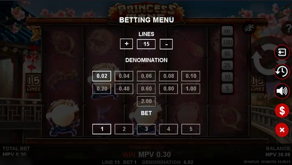 Princess Wang betting menu with 15 lines, denominations from 0.02 to 2.00 and a bet of 1 to 5