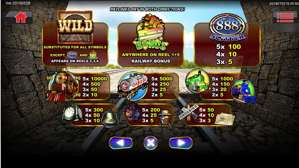 Railway King paytable with the track wild, the gold bars bonus, the 888 scatter and the train symbols